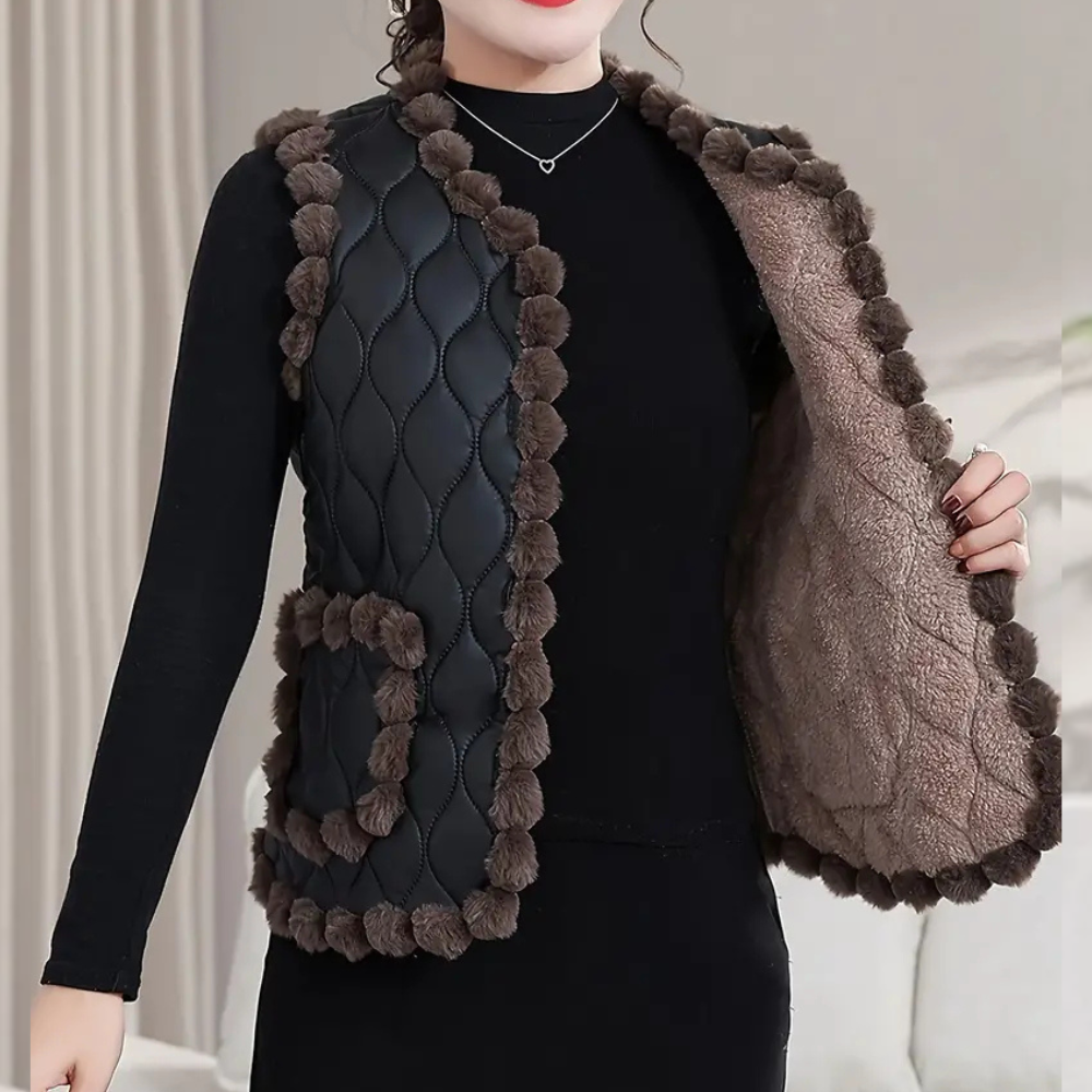 Quilted Vest - Stylish Padded Ladies Gilet With Pom-Pom Trim