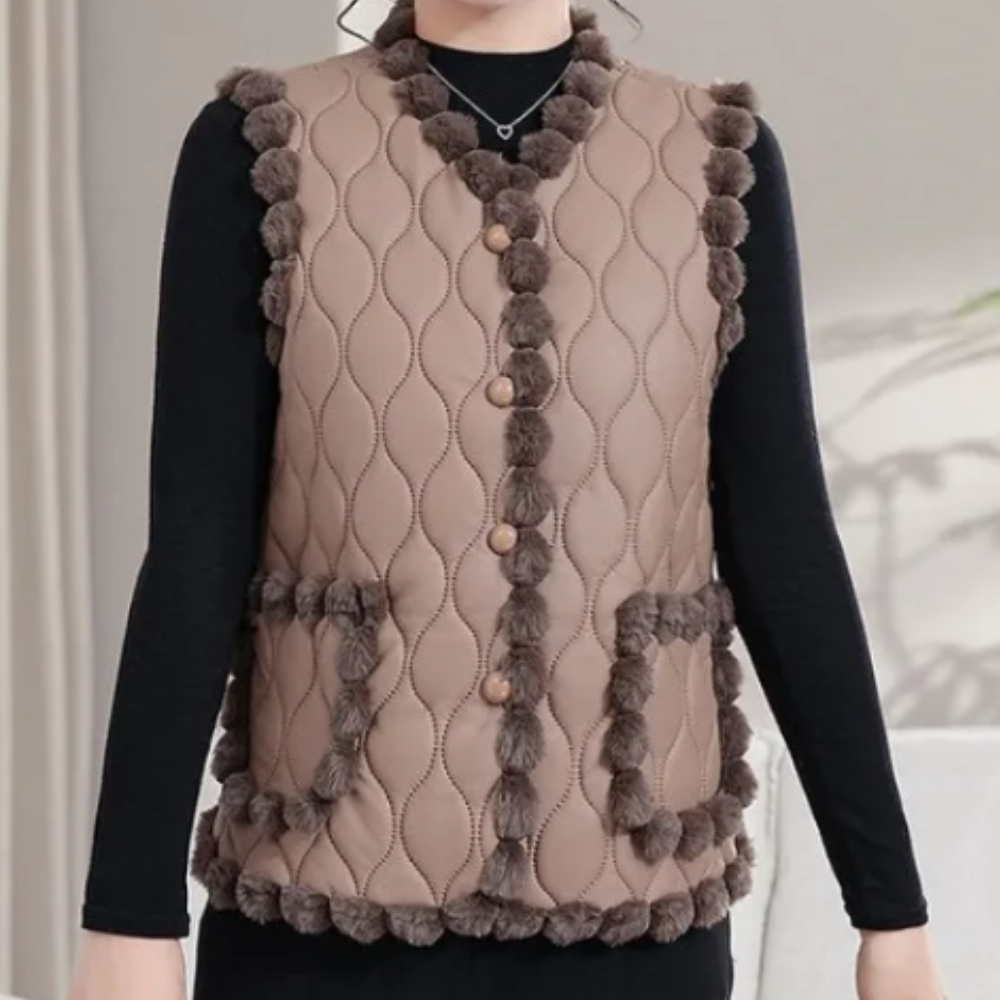 Quilted Vest - Stylish Padded Ladies Gilet With Pom-Pom Trim