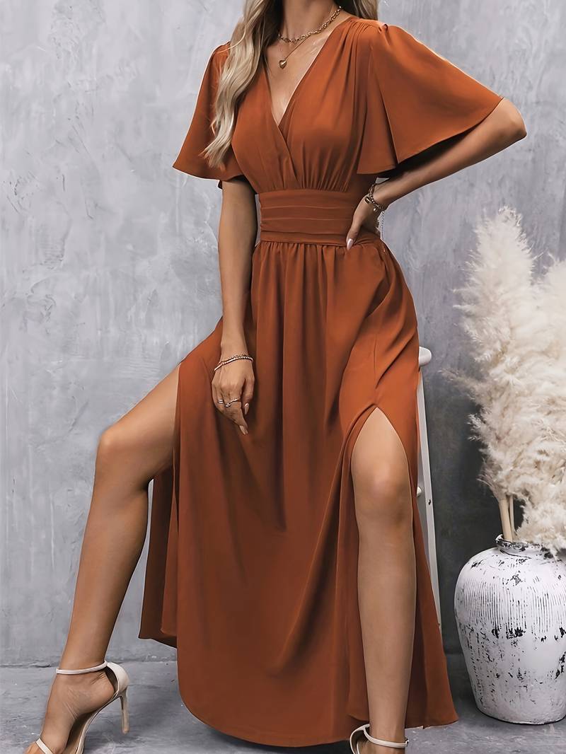 Rust Maxi Dress - Elegant Ladies Dress With Flutter Sleeves