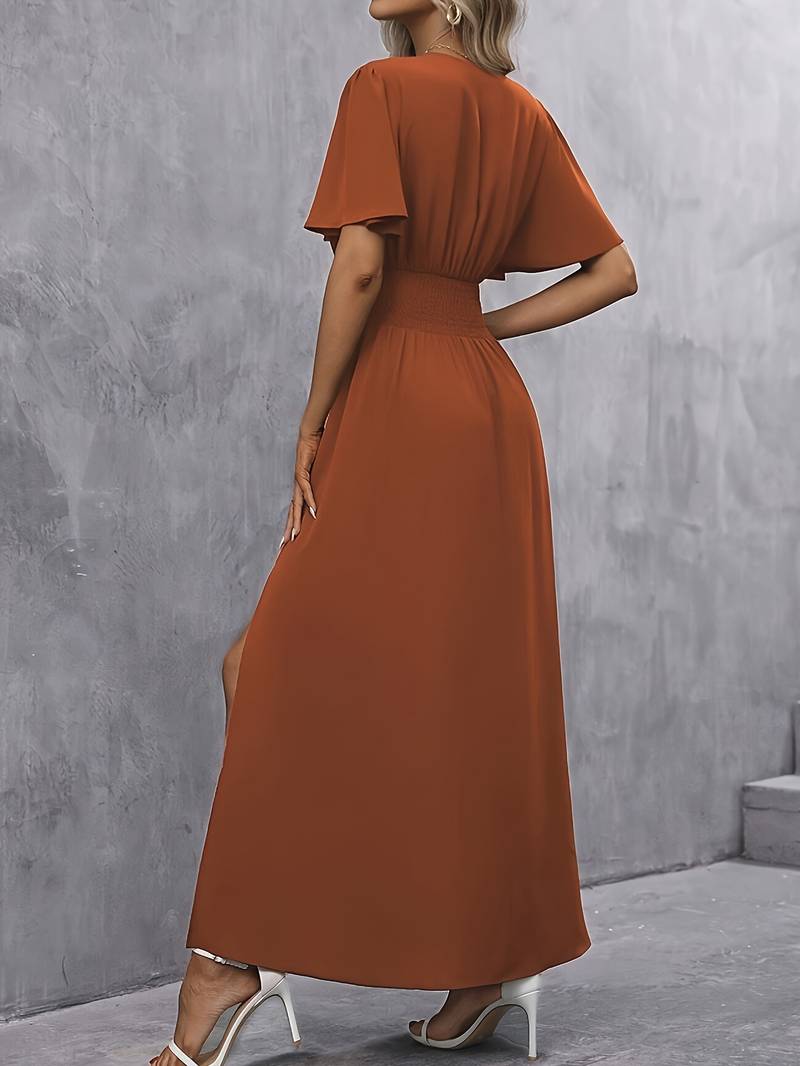 Rust Maxi Dress - Elegant Ladies Dress With Flutter Sleeves