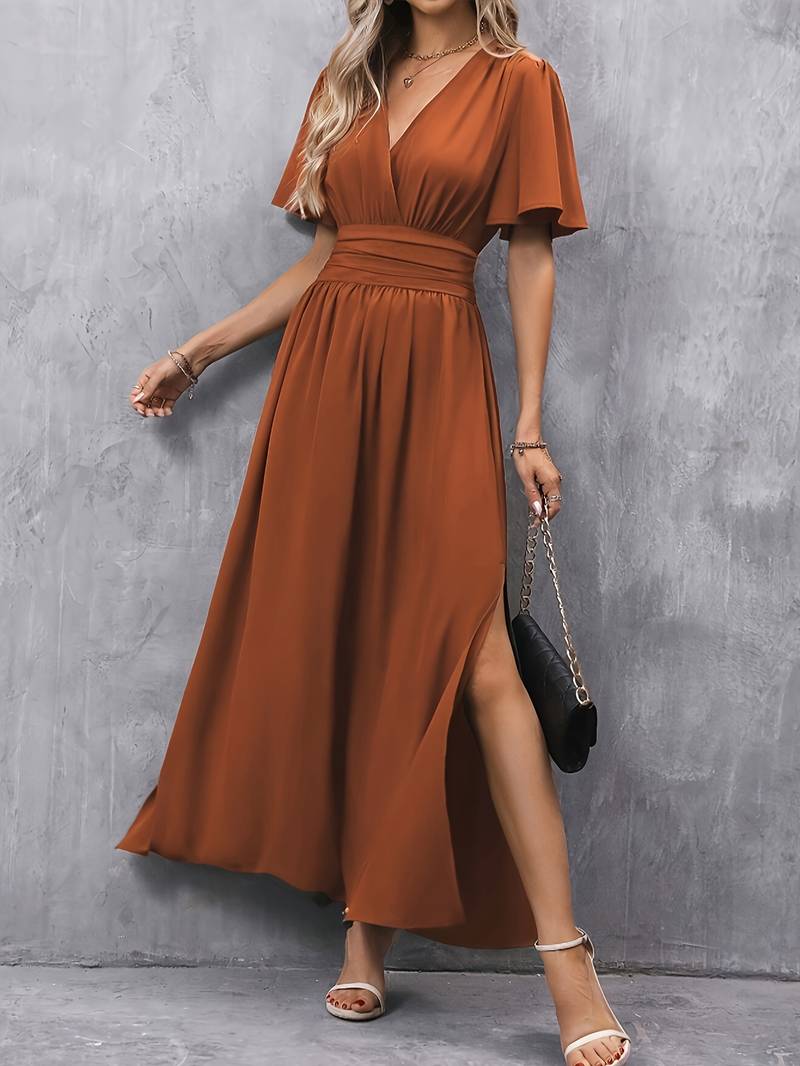 Rust Maxi Dress - Elegant Ladies Dress With Flutter Sleeves