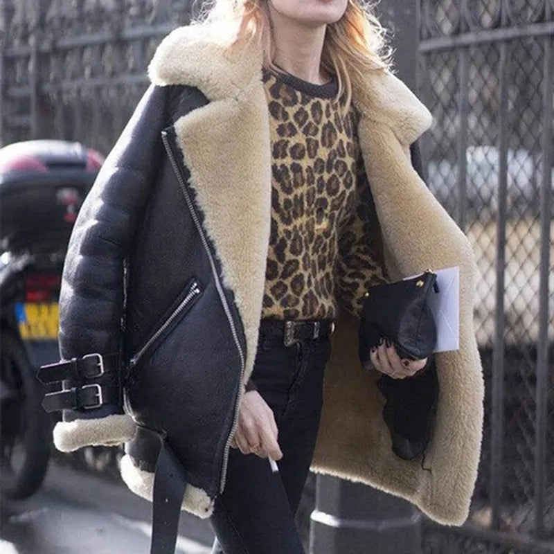 Shearling jacket - luxurious ladies faux leather winter coat