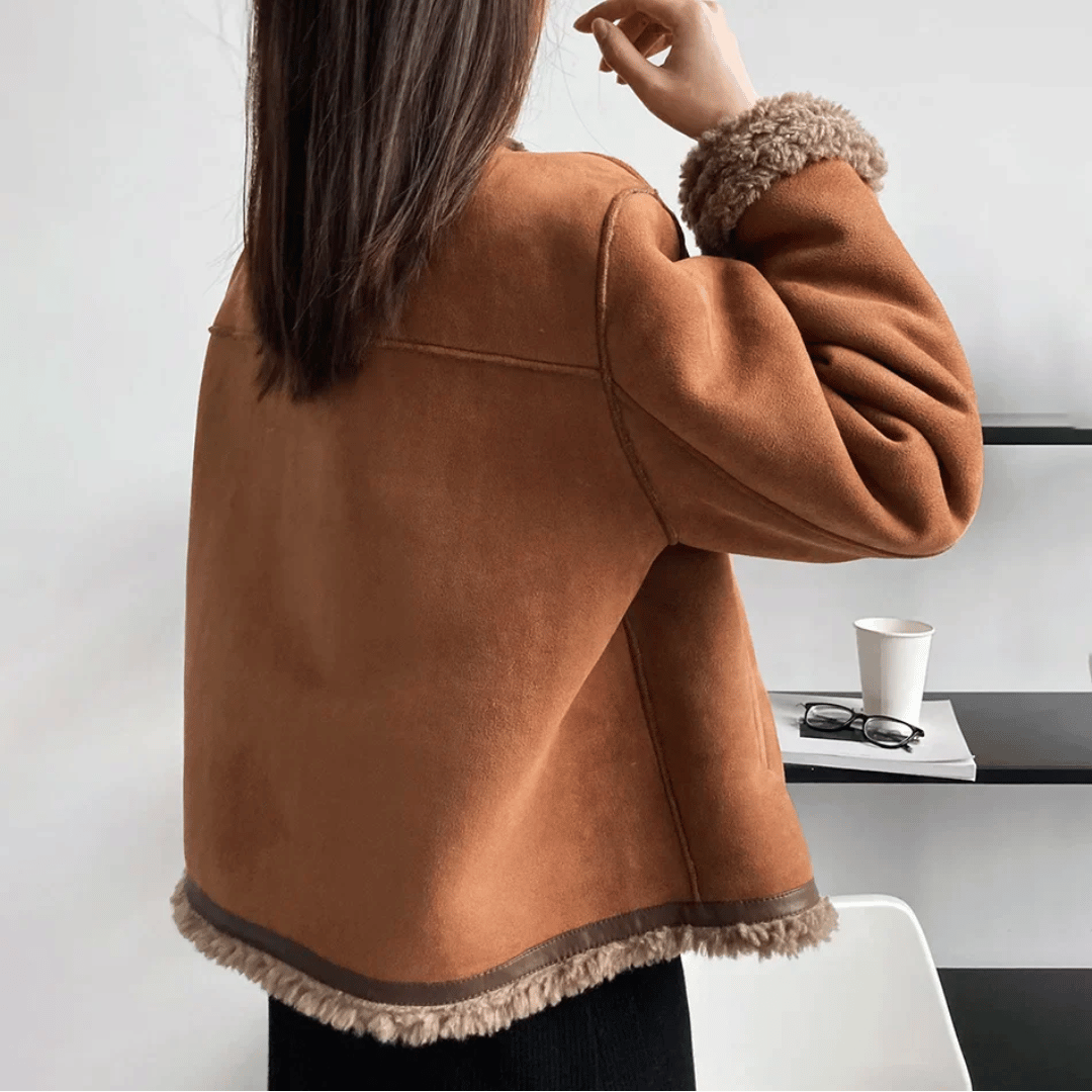 Sherpa edge jacket - ladies brown faux fur lined jacket