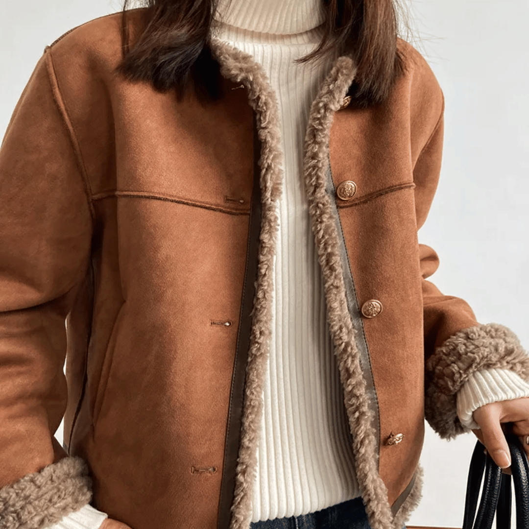 Sherpa edge jacket - ladies brown faux fur lined jacket