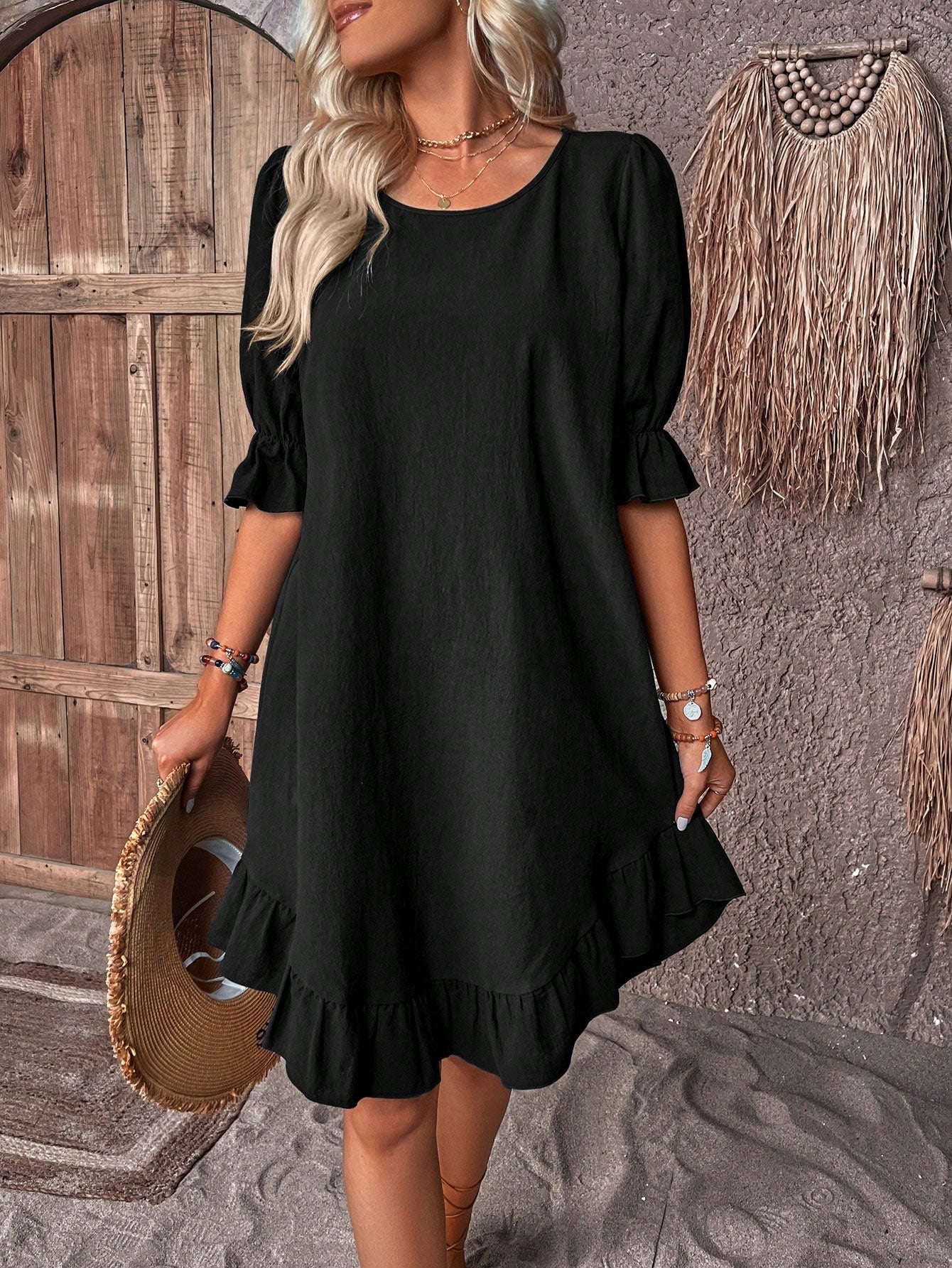 Shift Dress - Elegant Summer Dress With Charming Ruffle Details