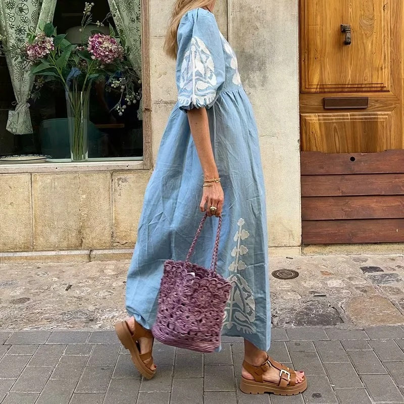 Sky Blue Maxi Dress - Exquisite Floral Embroidered Summer Dress For Ladies