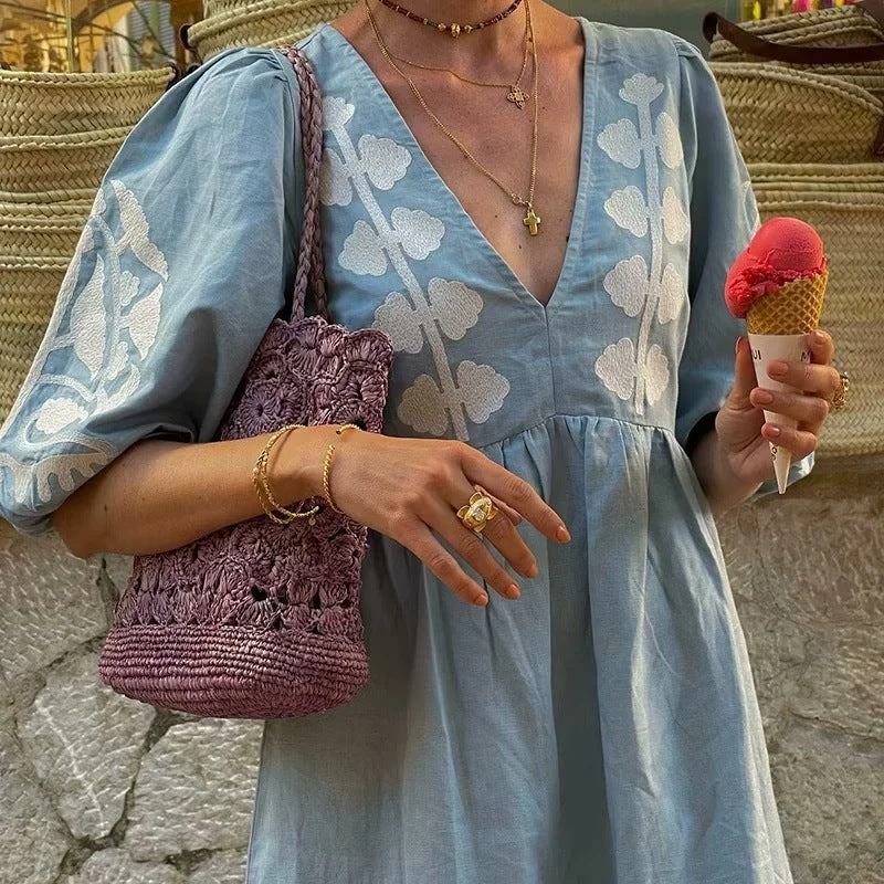 Sky Blue Maxi Dress - Exquisite Floral Embroidered Summer Dress For Ladies