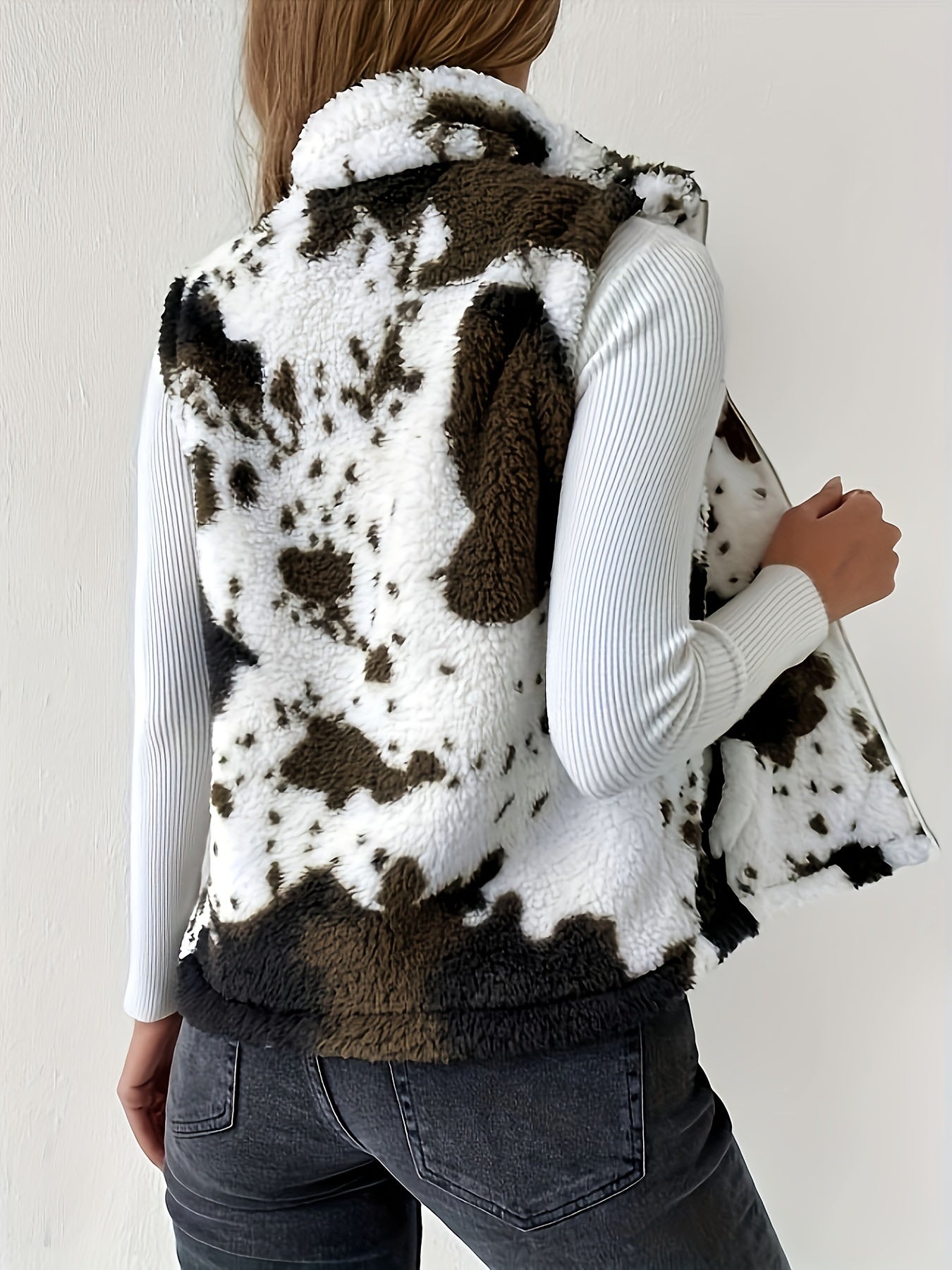 Soft Fleece Vest For Ladies - Stylish Cow Print Layering Piece