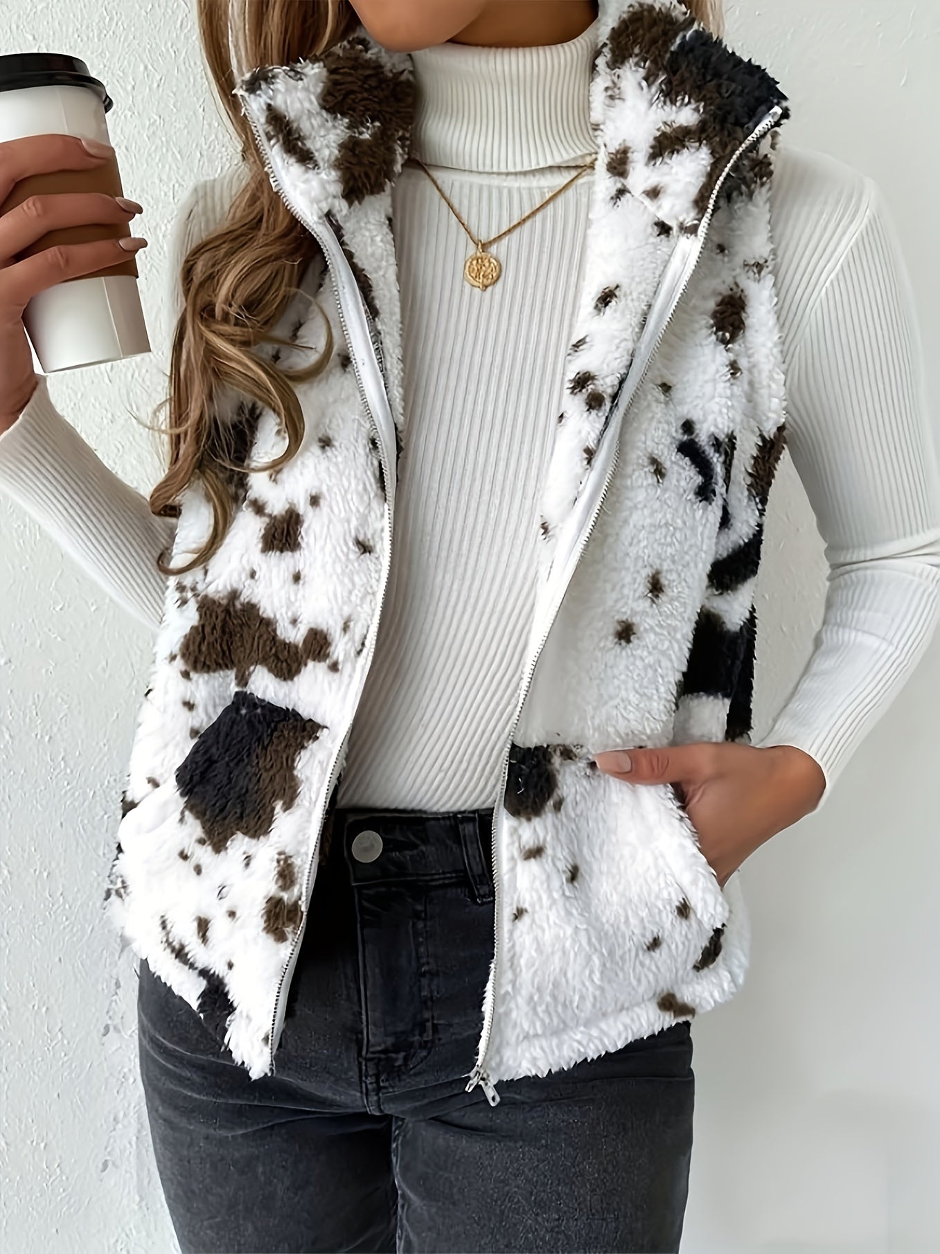 Soft Fleece Vest For Ladies - Stylish Cow Print Layering Piece
