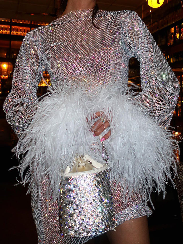 Sparkly mini dress with feather details - elegant evening dress for ladies