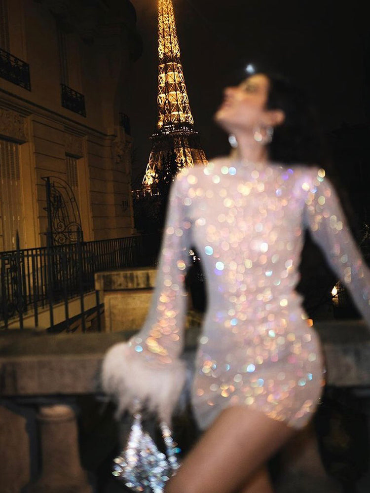 Sparkly mini dress with feather details - elegant evening dress for ladies