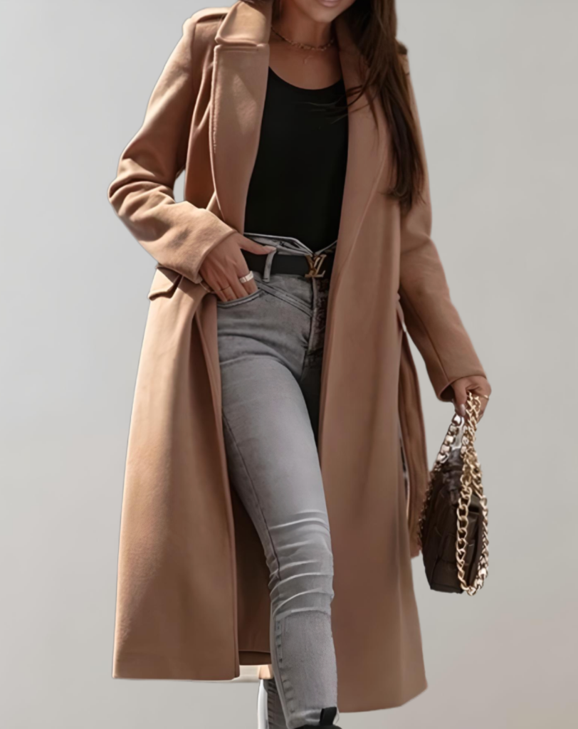 Trench Coat - Sophisticated Long Ladies Coat With Striking Collar