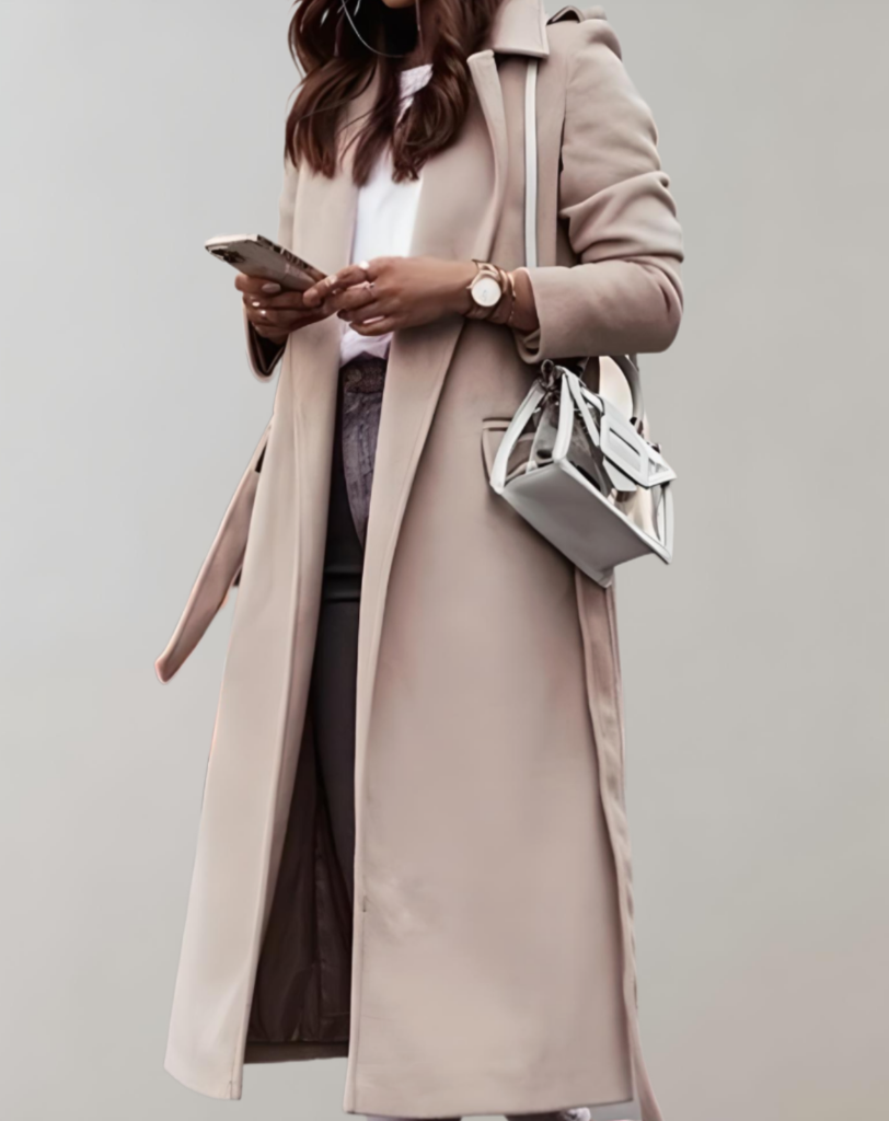 Trench Coat - Sophisticated Long Ladies Coat With Striking Collar