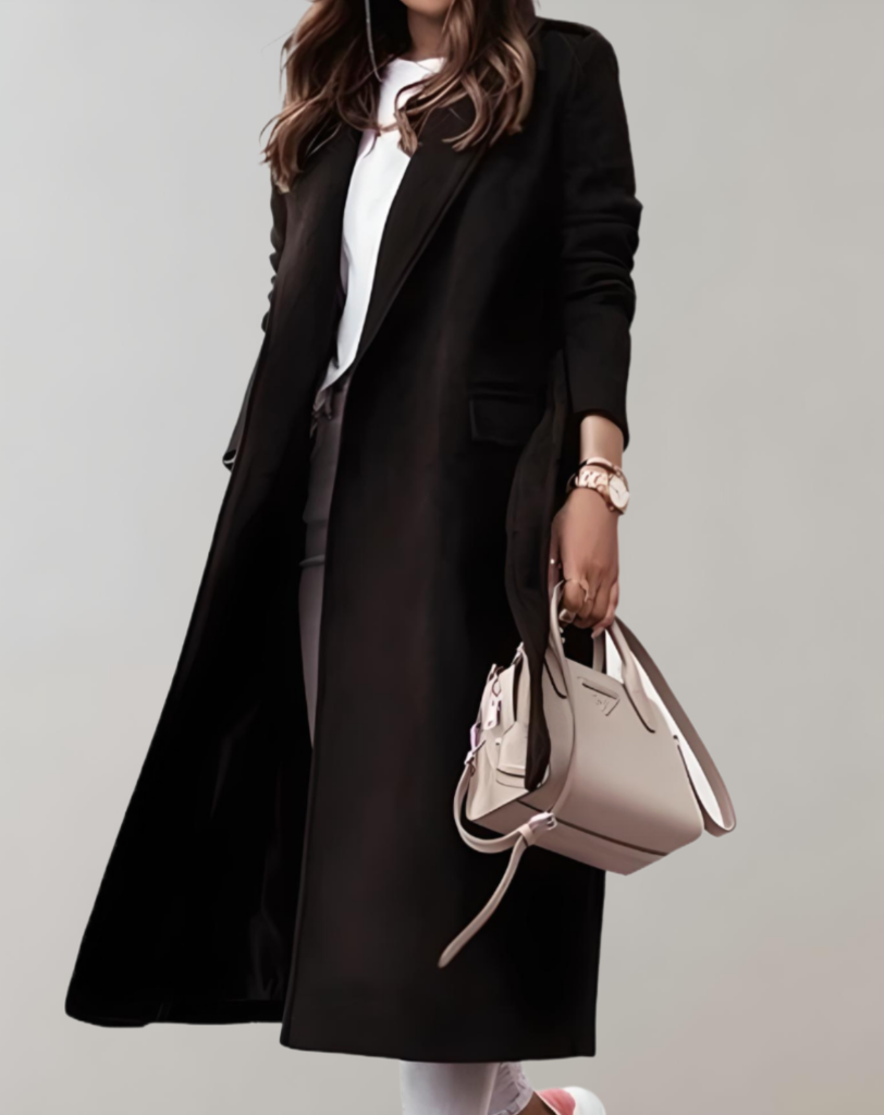 Trench Coat - Sophisticated Long Ladies Coat With Striking Collar
