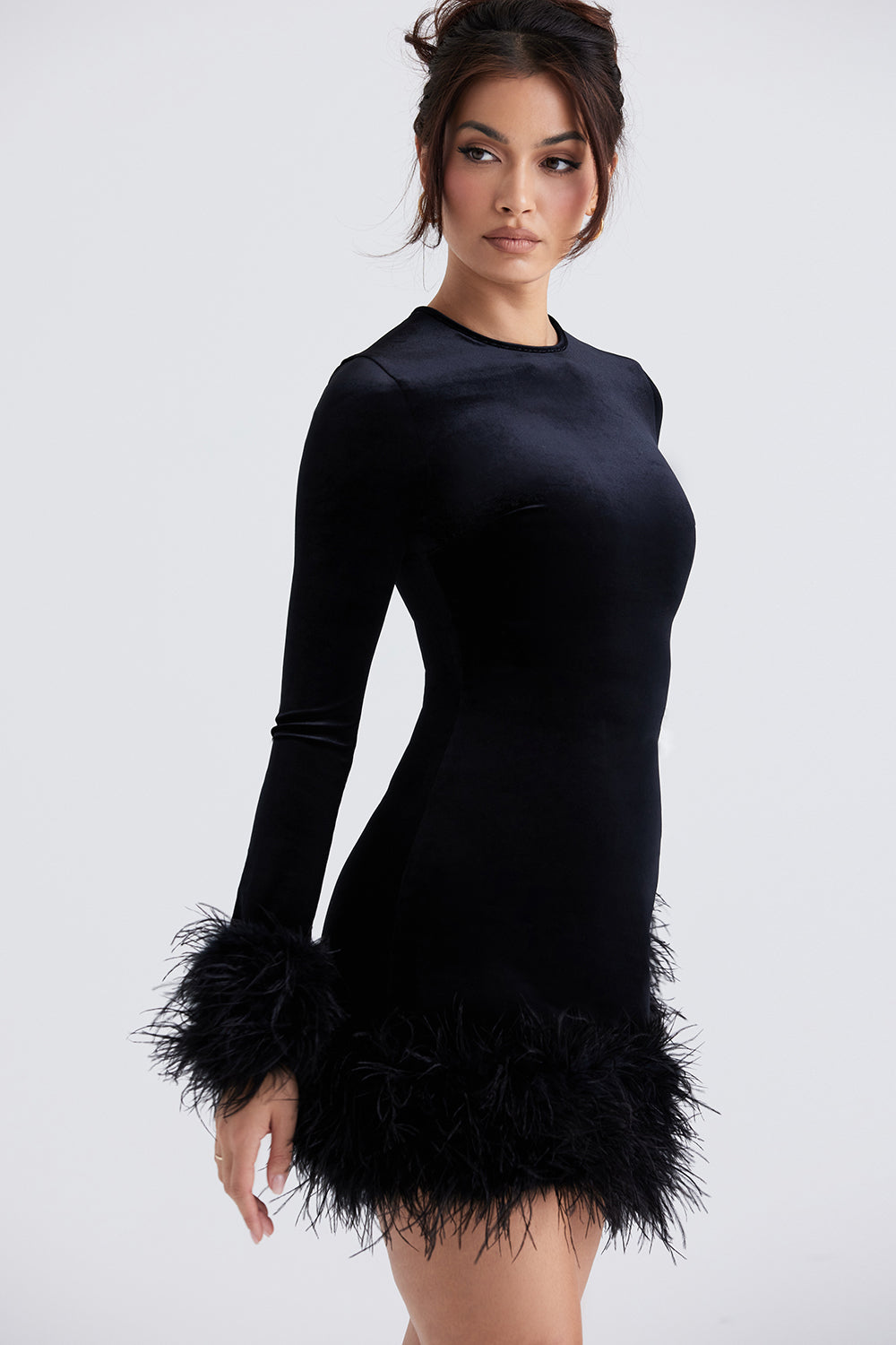 Velvet Dress - Elegant Ladies Mini Dress With Feather Trim