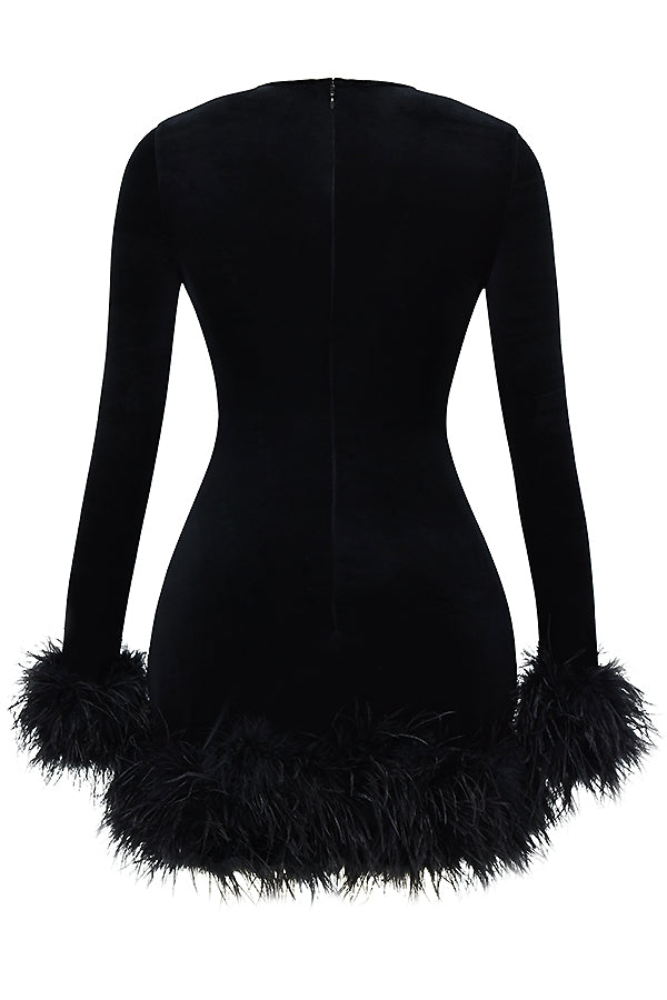 Velvet Dress - Elegant Ladies Mini Dress With Feather Trim