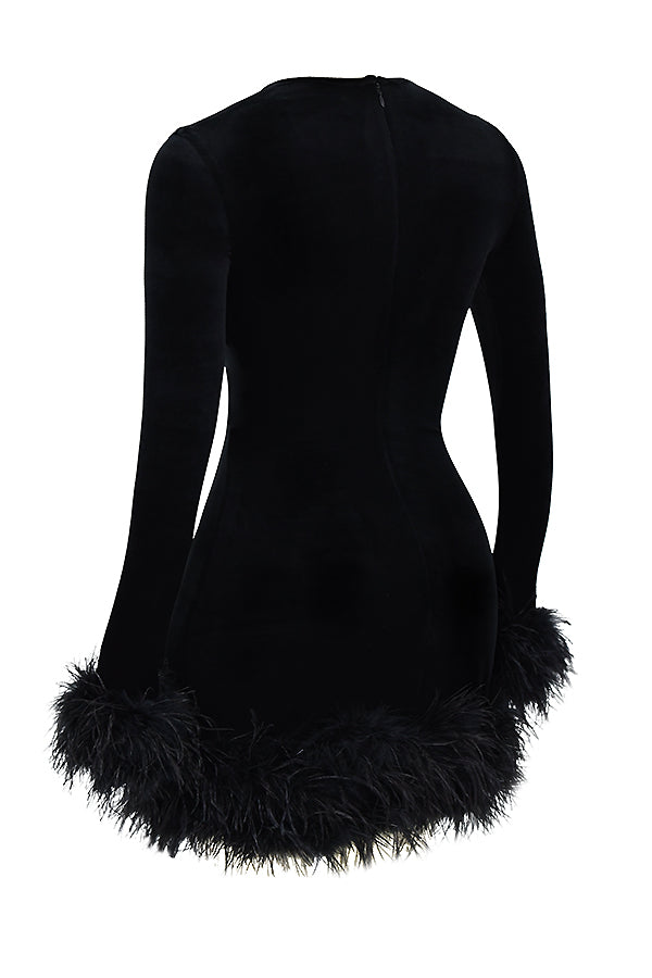 Velvet Dress - Elegant Ladies Mini Dress With Feather Trim