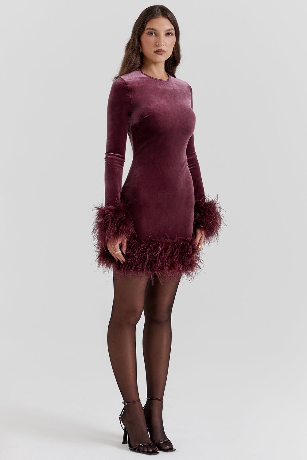 Velvet Dress - Elegant Ladies Mini Dress With Feather Trim