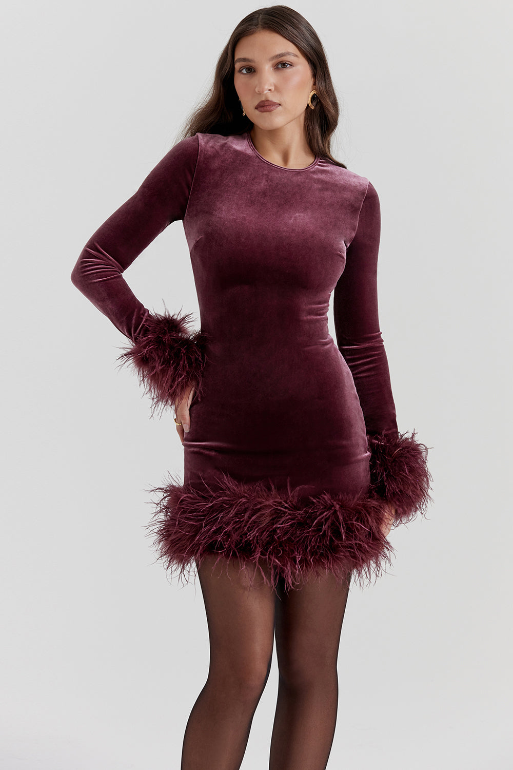 Velvet Dress - Elegant Ladies Mini Dress With Feather Trim