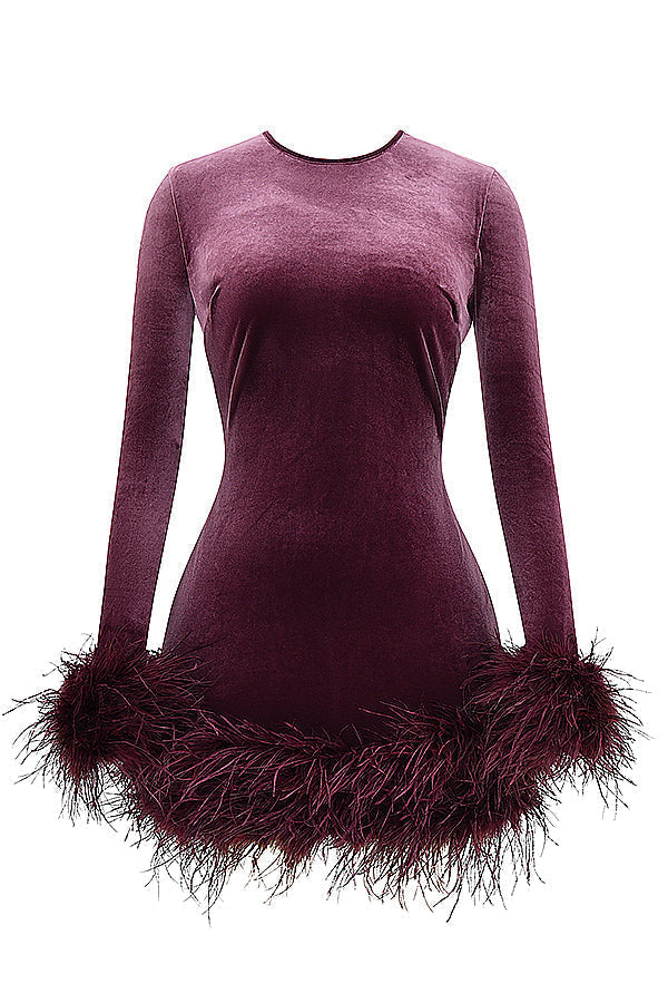 Velvet Dress - Elegant Ladies Mini Dress With Feather Trim