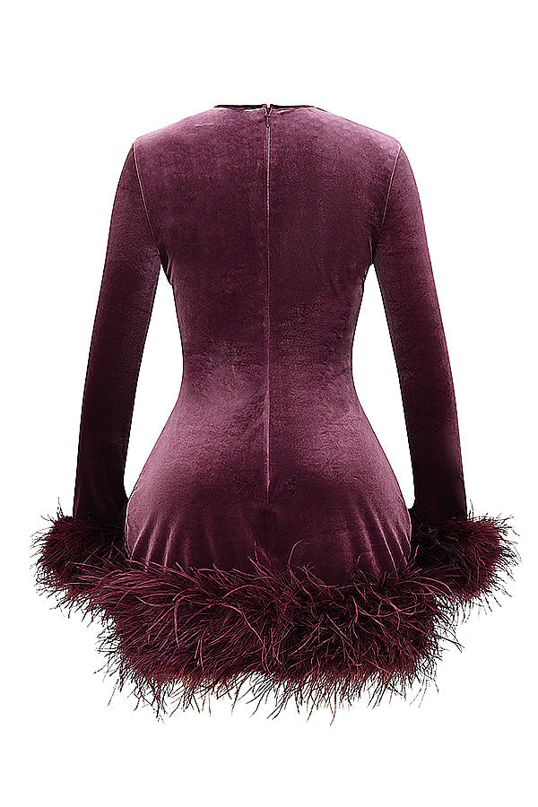 Velvet Dress - Elegant Ladies Mini Dress With Feather Trim