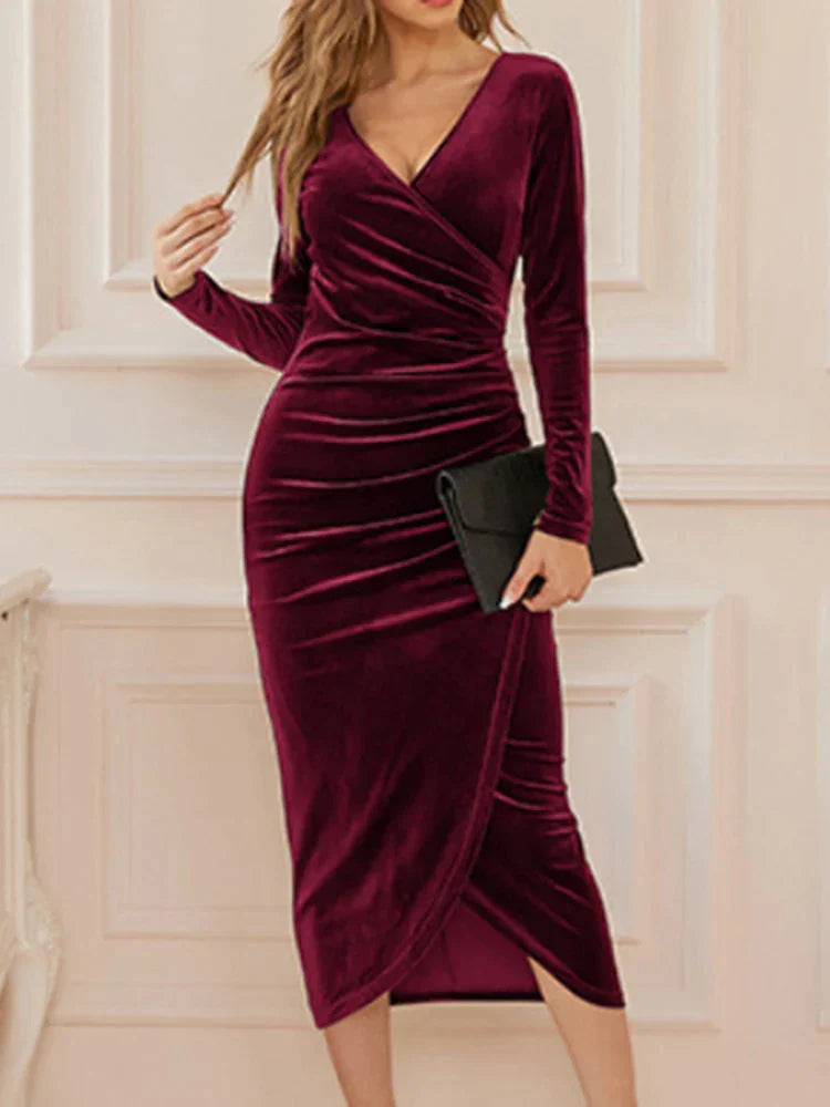Velvet Wrap Dress - Sophisticated Long-Sleeve Ladies Dress