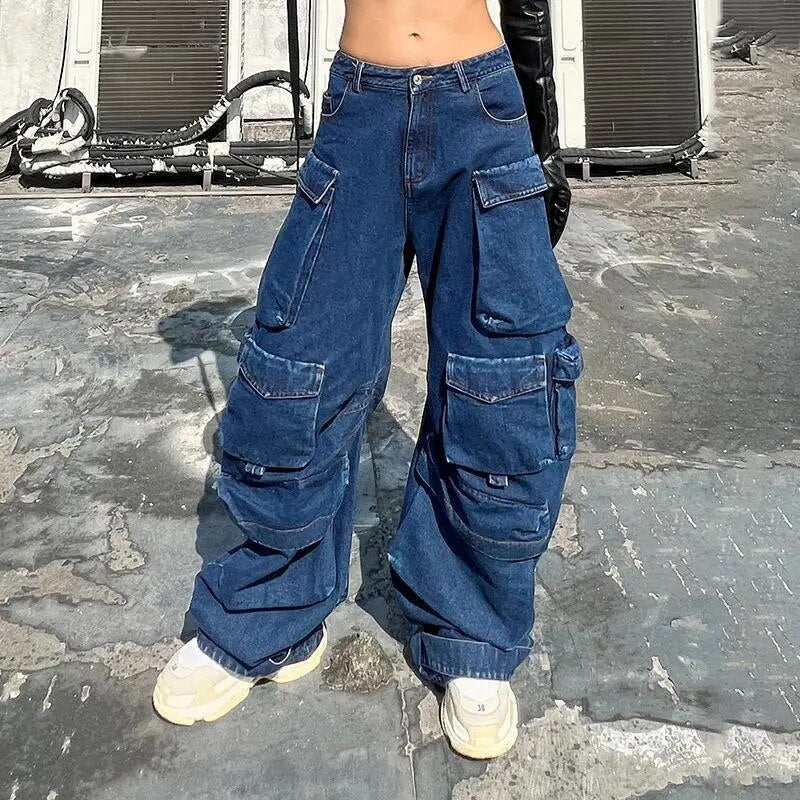 Wide Leg Denim Trousers - Stylish Cargo Jeans For Ladies