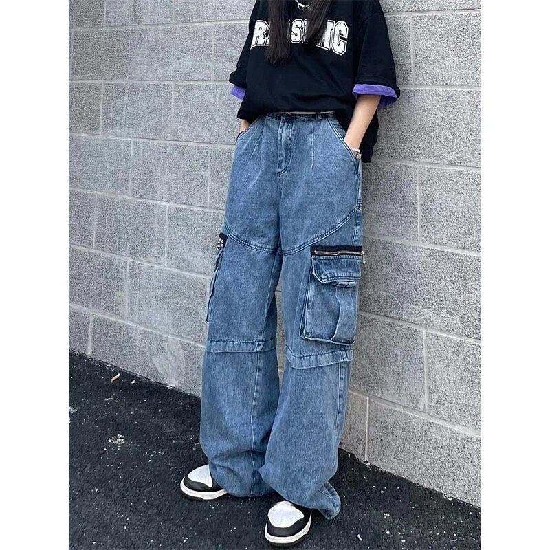 Wide Leg Denim Trousers - Stylish Cargo Jeans For Ladies