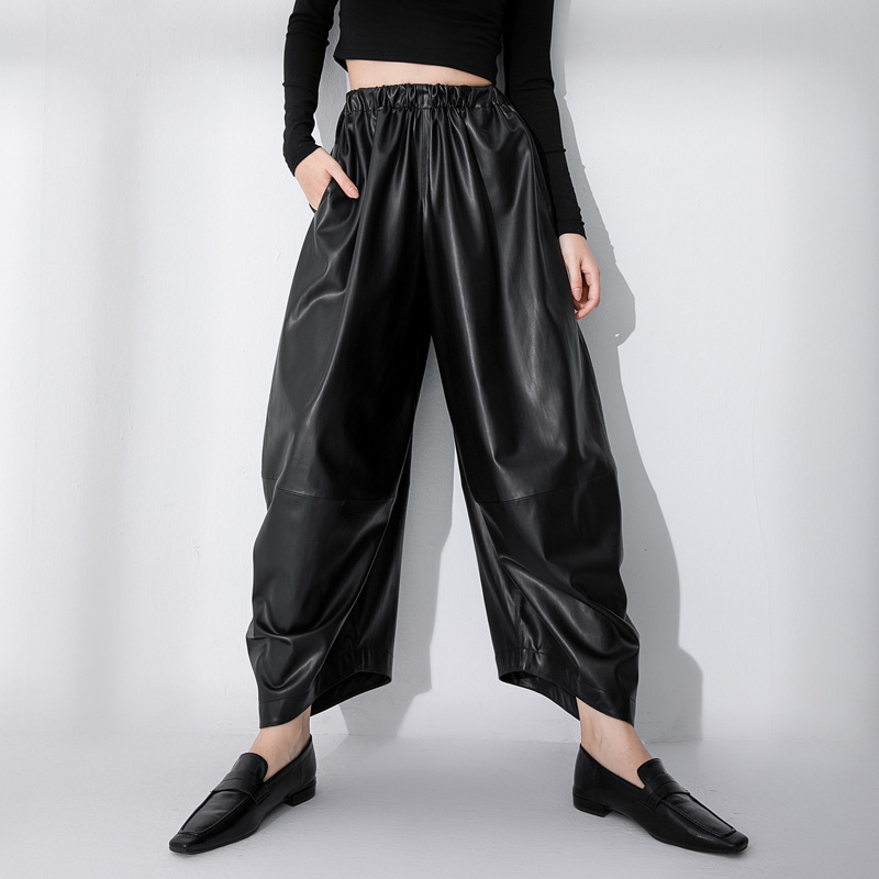 Wide Leg Leather Trousers - High Waist Black Ladies Trousers