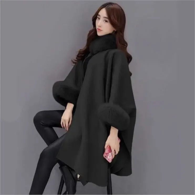 Wool cape coat - elegant ladies wrap with faux fur trim
