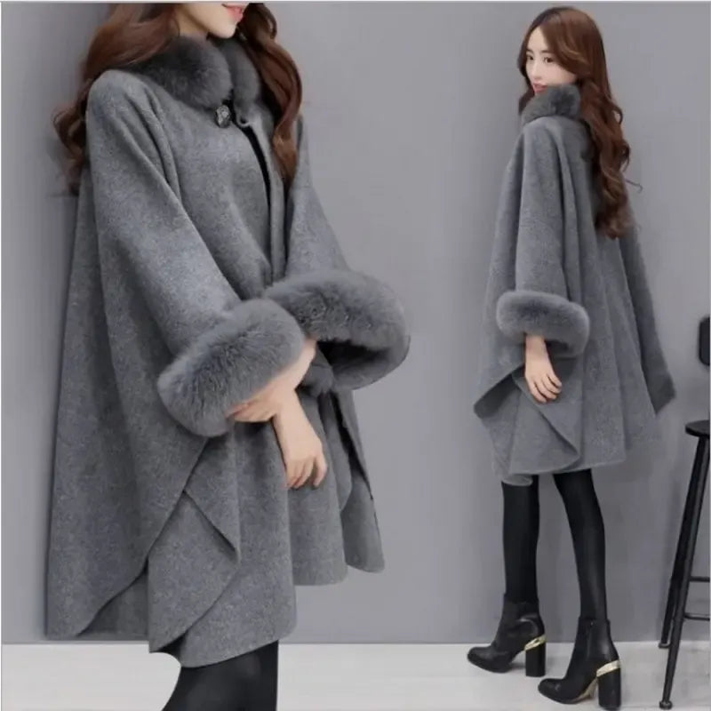 Wool cape coat - elegant ladies wrap with faux fur trim