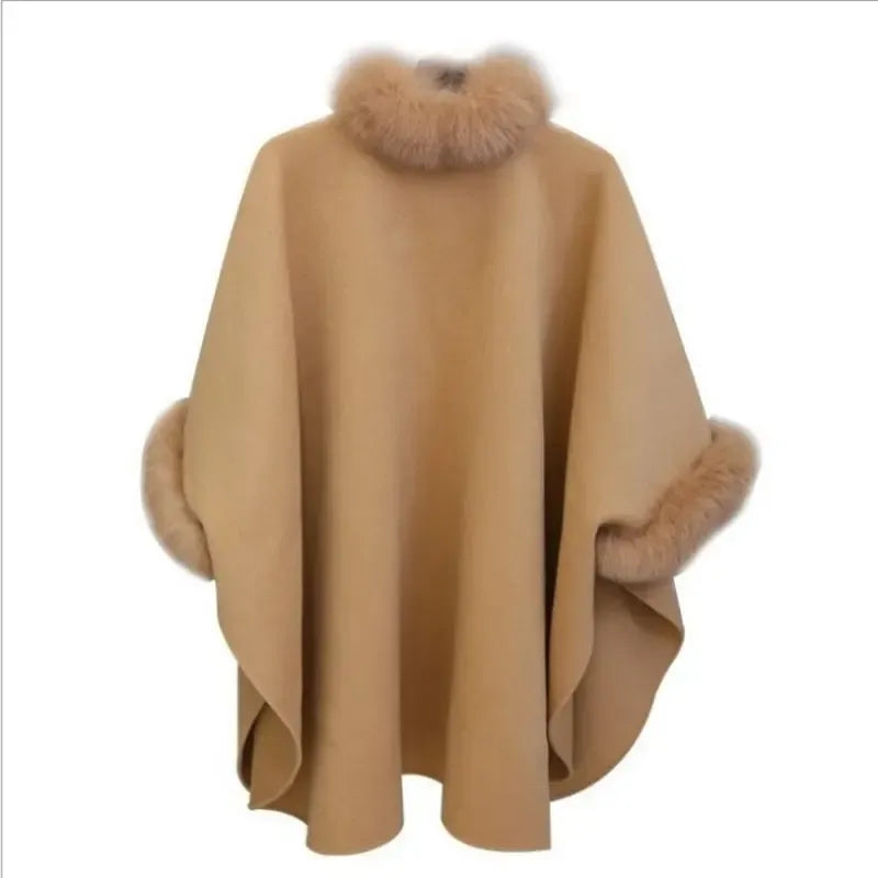 Wool cape coat - elegant ladies wrap with faux fur trim