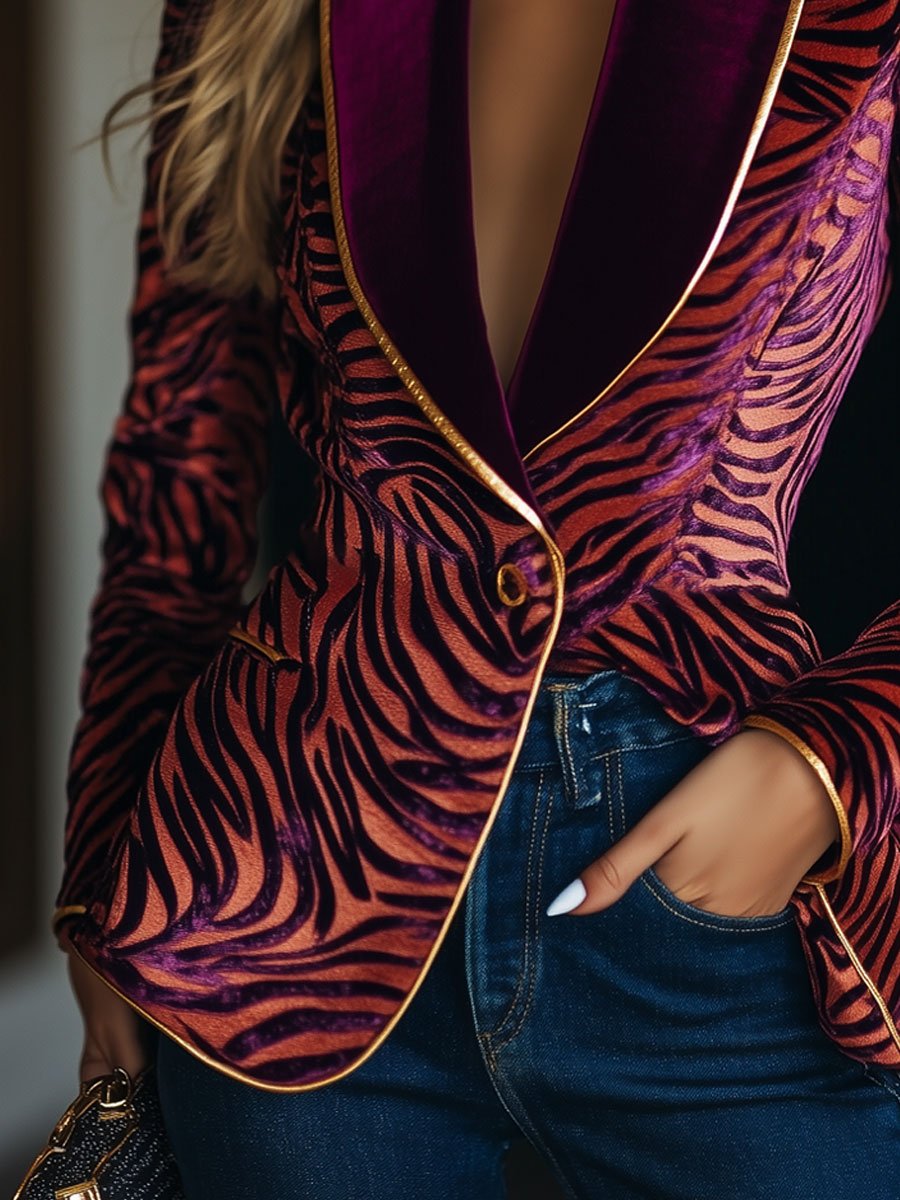Zebra Pattern Blazer - Ankola Red Ladies Velvet Lapel Blazer