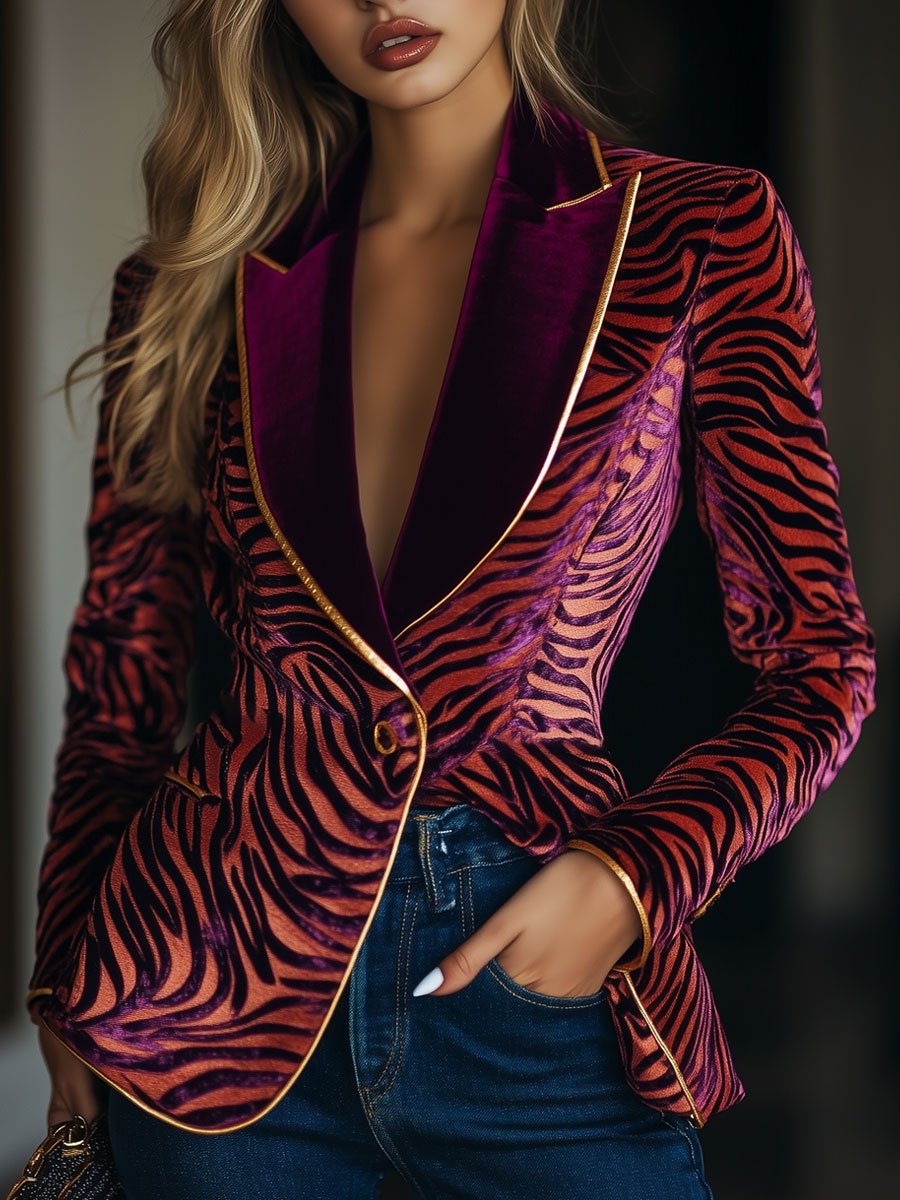 Zebra Pattern Blazer - Ankola Red Ladies Velvet Lapel Blazer
