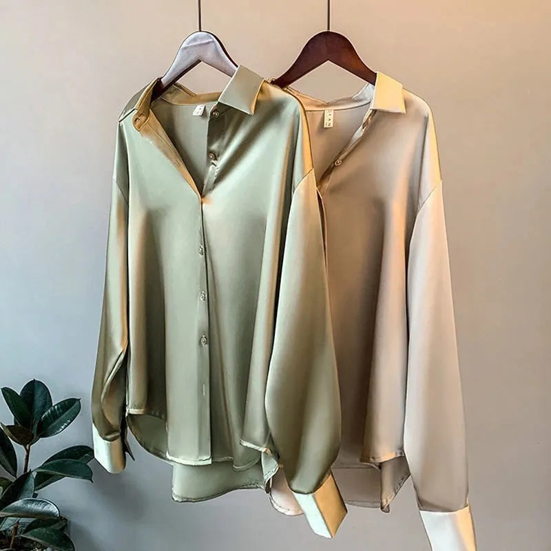 Satin ladies blouse - button-up top with long sleeves