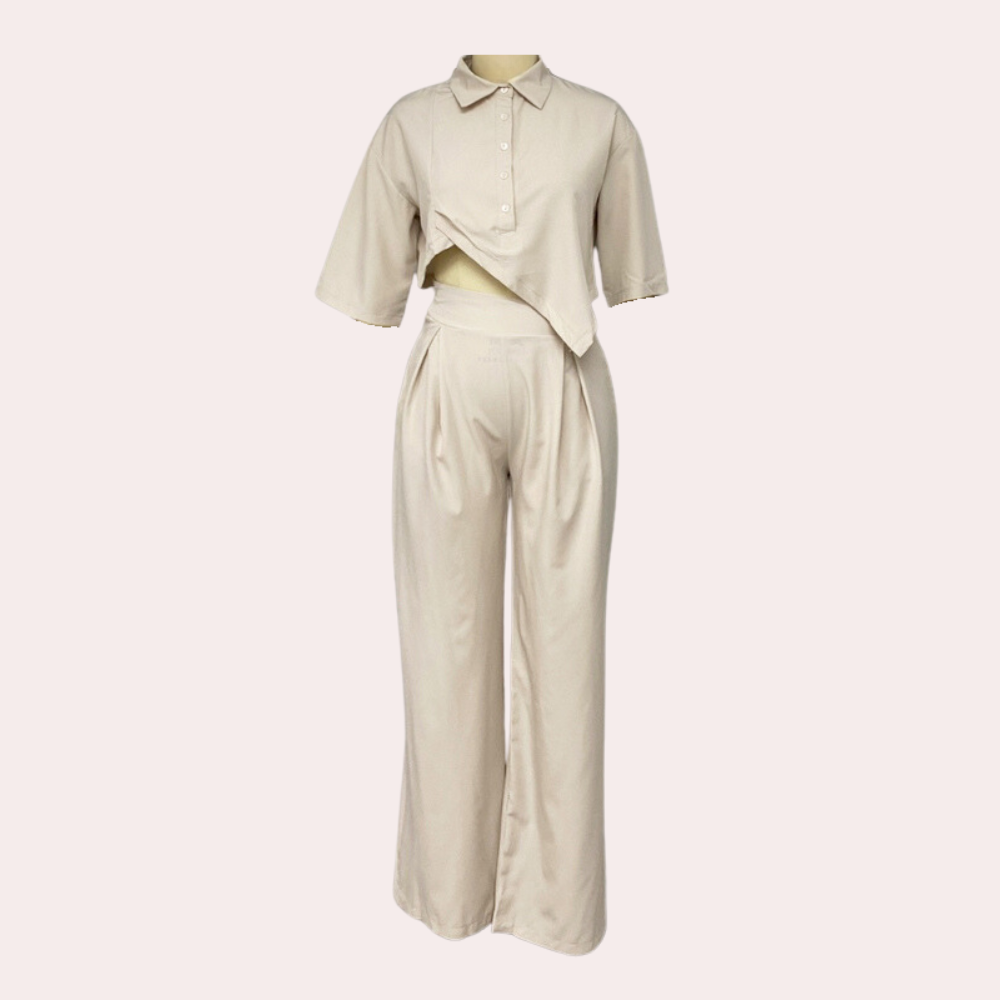 2-Piece Beige Ladies Set - Stylish Cropped Shirt And Wide-Leg Trousers