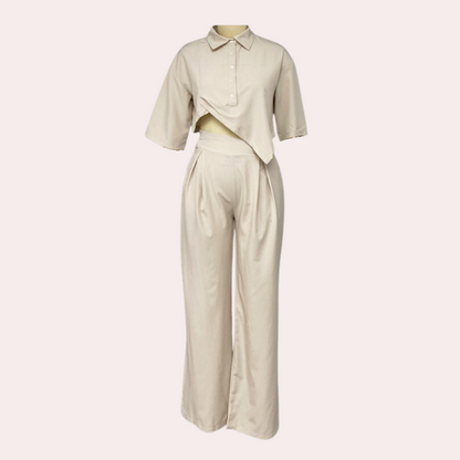 2-Piece Beige Ladies Set - Stylish Cropped Shirt And Wide-Leg Trousers