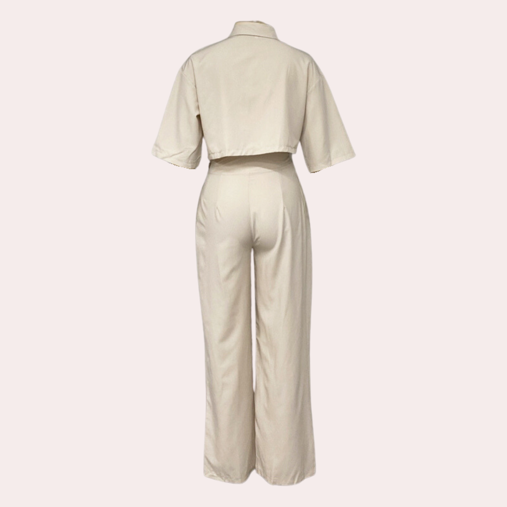 2-Piece Beige Ladies Set - Stylish Cropped Shirt And Wide-Leg Trousers