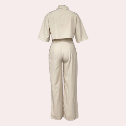 2-Piece Beige Ladies Set - Stylish Cropped Shirt And Wide-Leg Trousers