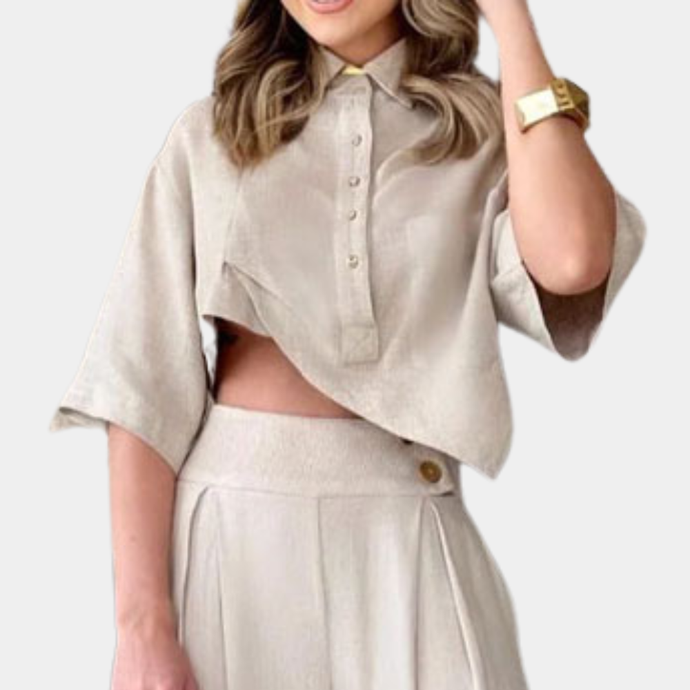 2-Piece Beige Ladies Set - Stylish Cropped Shirt And Wide-Leg Trousers