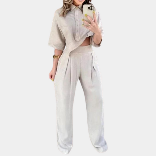 2-Piece Beige Ladies Set - Stylish Cropped Shirt And Wide-Leg Trousers