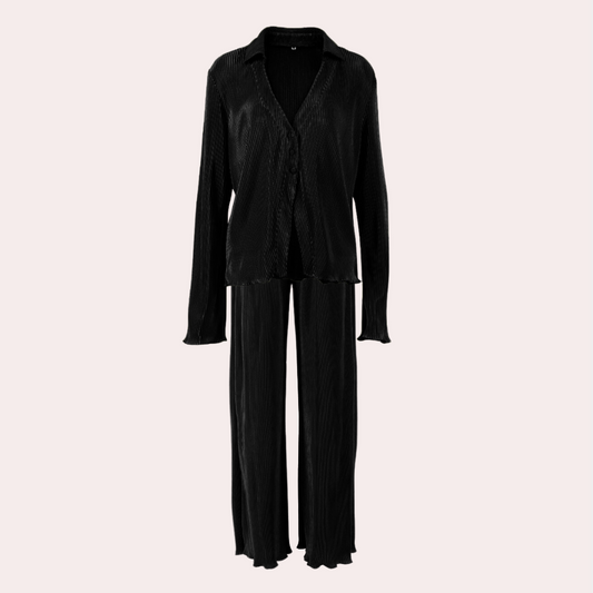 2-Piece Black Ladies Lounge Set - Stylish Top And Wide-Leg Trousers