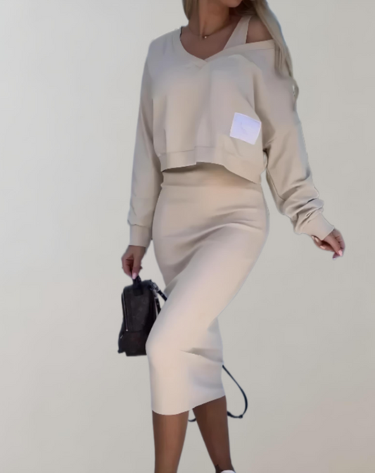 2-piece comfortable knitted set - v-neck top and midi skirt for ladies
