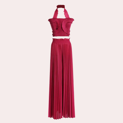 2-Piece Contemporary Ensemble - Elegant Ladies Top And Pleated Trousers