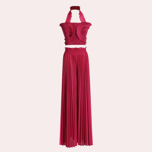 2-Piece Contemporary Ensemble - Elegant Ladies Top And Pleated Trousers