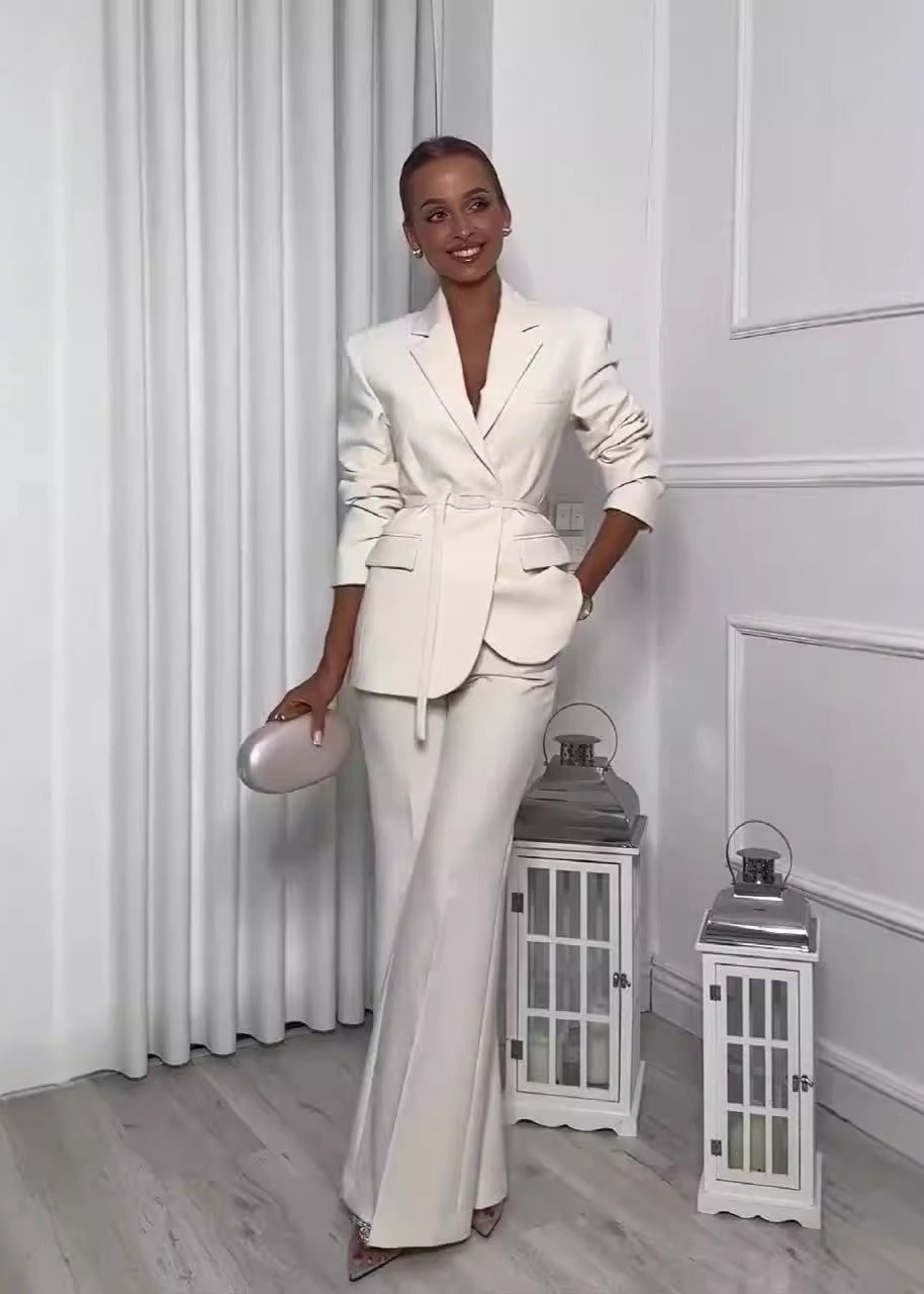 2-piece elegant belted blazer & trouser business suit set - white