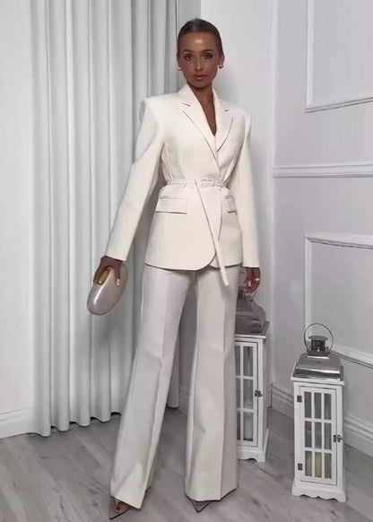 2-piece elegant belted blazer & trouser business suit set - white