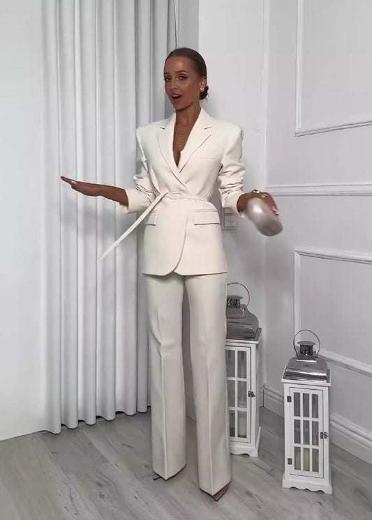 2-piece elegant belted blazer & trouser business suit set - white