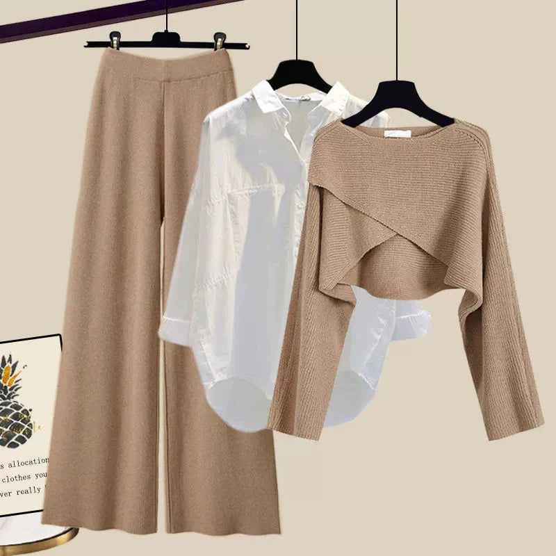 2-piece grey ladies set - stylish cropped sweater and wide-leg trousers
