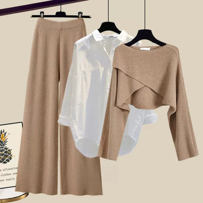 2-piece grey ladies set - stylish cropped sweater and wide-leg trousers